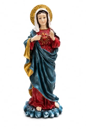 JRose Collections Virgin Mary Sacred Heart Statue 28cm – Hand Painted Resin Catholic Religious Figurine with Gold Halo – Our Lady Ornament for Prayer Altar, Home, Church, Memorial & Christian Gift