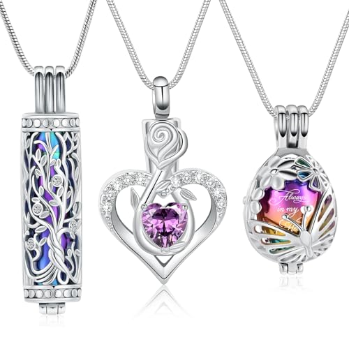 Cremation Jewelry Tree of Life Cylinder Roseflower Urn Necklace Set for Ashes for Women Memorial Keepsake Pendant Jewelry Holds Human & Pet Ashes of Loved Ones Rainbow-Purple