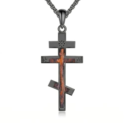 URONE Orthodox Cross Necklace for Men Sterling Silver Black Cross Wooden Pendant Necklace Christian Religious Jewellery Gifts