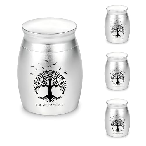 Gredstar Small Urns for Ashes, Set of 4 Mini Cremation Containers for Pet and Human Ashes, Memorial Gifts for Loved Ones (Silve, Tree of Life Memorial) Silve