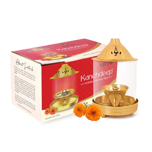 SATVIK - 7 INCH - Pure Brass Akhand Diya with Glass Chimney Kanchdeep Oil Lamp for Home Temple Pooja Diwali Decor Traditional Brass Lamp
