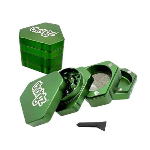 Chongz 44mm 4pt Trifecta Aluminium Grinder, Colour co-ordinated Aluminium Chassis, Grinding Surface and Sieve, Scraper Tool, Diamond Shaped Teeth (Green) Green