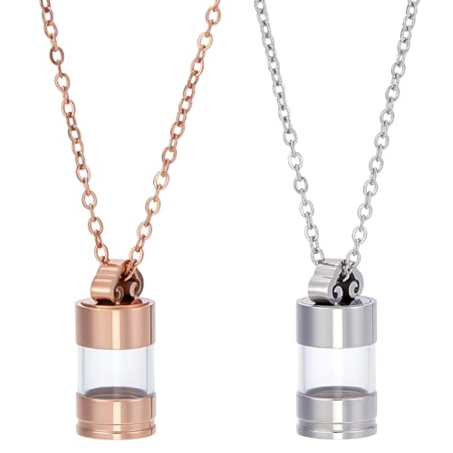 2Pcs Vial Necklace Glass Ashes Holder Urn Necklaces Clear Column Tube Vial Cremation Gold Stainless Steel Charms for Women Men Urns Locket Pendant Container Keepsake Memorial Jewelry
