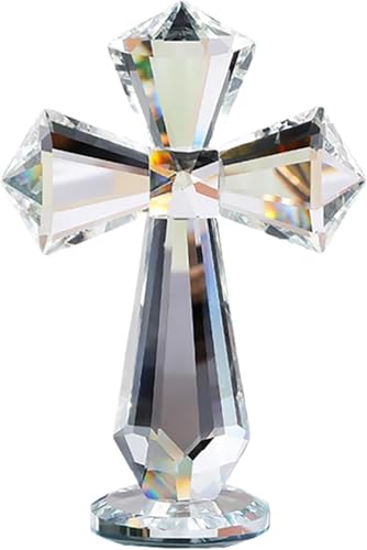 6-inch Hand-carved Crystal Cross – 360° All-around Cut K9 Desktop Ornament, Christian Spiritual Gift for Baptism, Wedding, Christmas, Family Altar & Office Decoration (Clear) Transparent