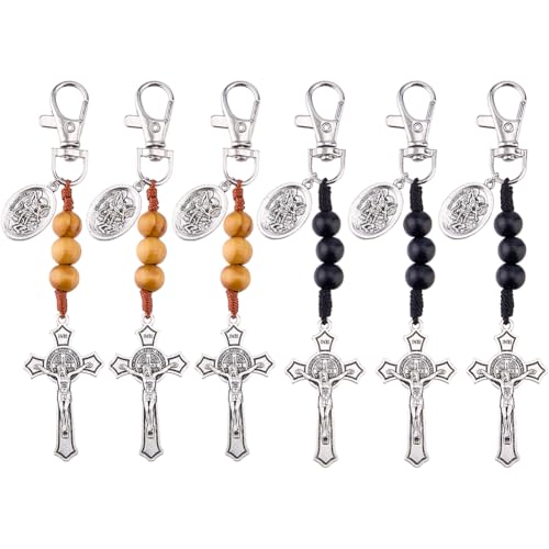 DICOSMETIC 6Pcs 2 Colors Catholic Rosary Keychain with St Benedict Michael Crucifix 12.8cm Small Pocket Rosaries Key Chain Crucifix Rosary Keychain Catholic Gift for Men Women