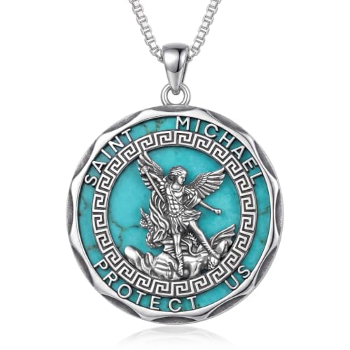 ONEFINITY St Michael Pendant for Men S925 Sterling Silver Saint Michael Turquoise Pendant Necklace Archangel Medal Catholic Religious Turquoise Jewelry Gifts for Men Women