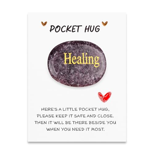 Pocket Hug Crystal Gifts, Amethyst Healing Crystals for Mindfulness, Thumb Stone Positive Affirmation Gifts for Women Men Friends, Good Luck Stone with Card