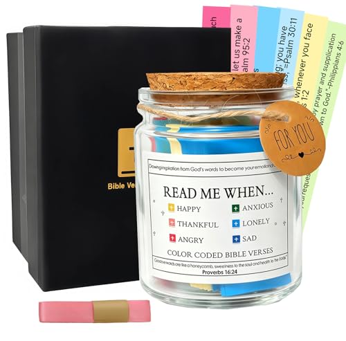 Bible Verses Jar Glass – Read Me When Inspirational Scripture Cards (90 Verses) in English, Colour-Coded Emotional Categories, Christian Gift for Women & Men, Easter Religious Encouragement Gift