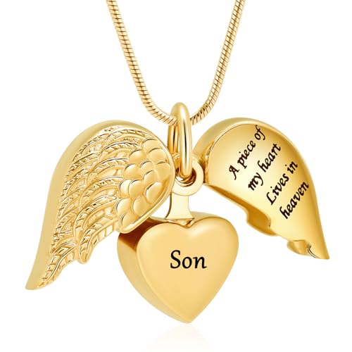 Cremation Jewelry Heart Urn Necklace for Human Ashes for Women Men A Piece of My Heart Lives in Heaven Memorial Ashes Keepsake Pendant Gold-Son