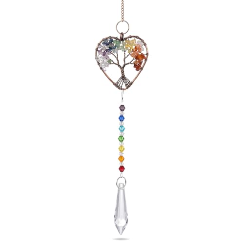 Tree of Life Crystal Sun Catcher, Natural Quartz Gemstone Pendant for Windows, Rainbow Maker & Chakra Healing Decor, Spiritual Gift for Women, Garden & Home Decoration (41cm) 41cm