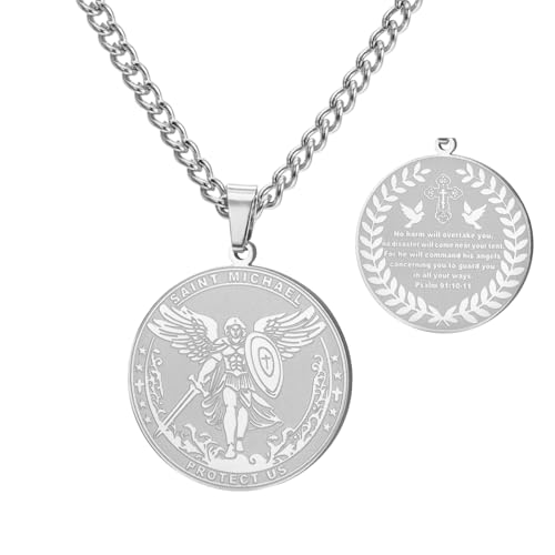 TEAMER Saint Michael Necklace Stainless Steel St. Michael The Great Protector Archangel Amulet Necklace Religious Jewelry For Women Silver