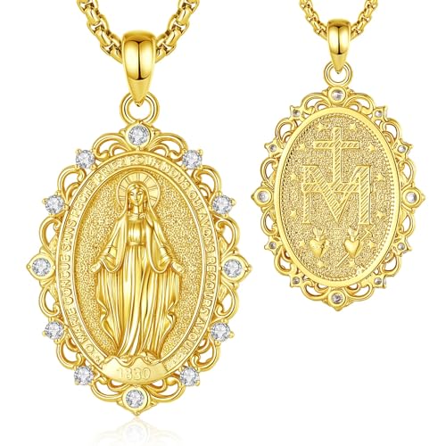 INFUSEU Mary Necklace Medal Miraculeuse Virgin Mary 18K Golden Pendant Protection Catholic Sacred Necklace Religious Jewellery Communion Christian Faith Gift for Women