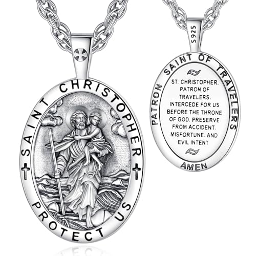 925 Sterling Silver Archangels Necklace for Women Men, Saint Christopher Medal St Michael Virgin Mary St Benedict Pendant Original Protection Amulet Jewelry Gift, 22"+2" St Christopher-1