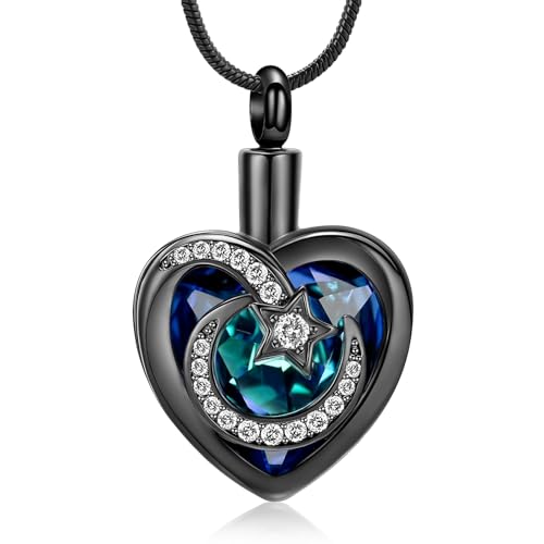 Heart Urn Necklace for Ashes Star Moon Cremation Jewellery for Women Men Stainless Steel Memorial Pendant for Human Pets Keepsake Ash Jewelry Bereavement Gifts with Fill tool Black-Blue