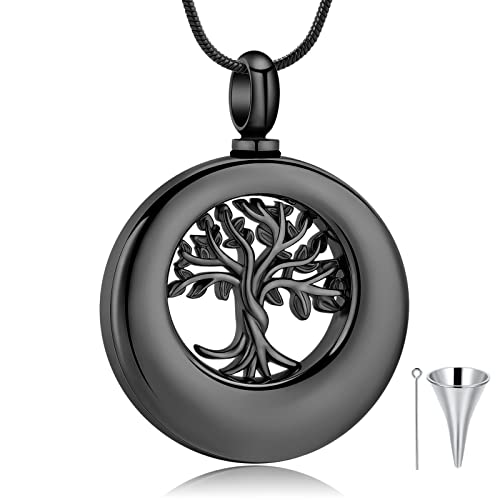 Circle of Life Urn Necklace for Ashes Tree of Life Cremation Jewellery for Women Men Stainless Steel Memorial Pendant for Human Pets Keepsake Ash Jewelry Bereavement Gifts with Fill tool Black