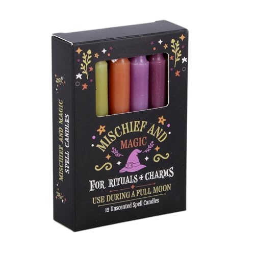 Mischief and Magic Spell Candles | Pack of 12 Unscented Ritual Candles | Witchy Halloween Decor | Coloured Candles for Rituals & Charms