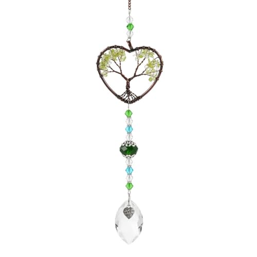 Tree of Life Crystal Suncatcher for Windows, Handmade Green Crystal rainbow Maker Hanging Ornaments for Garden Home Decor Spiritual Gifts for Women Men Friends and Holidays