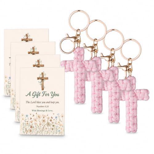 4 PCS First Holy Communion Gifts for Girls, Hand-Knitting Cross Keyring with Baptism Card, Christian Gifts for Christian Believers