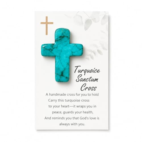 Holding Cross Christian Gifts, Turquoise Prayer Stone with Encouragement Card, Pocket Hug for Comfort & Faith, Religious Gift for Baptism, Confirmation, Communion, Easter