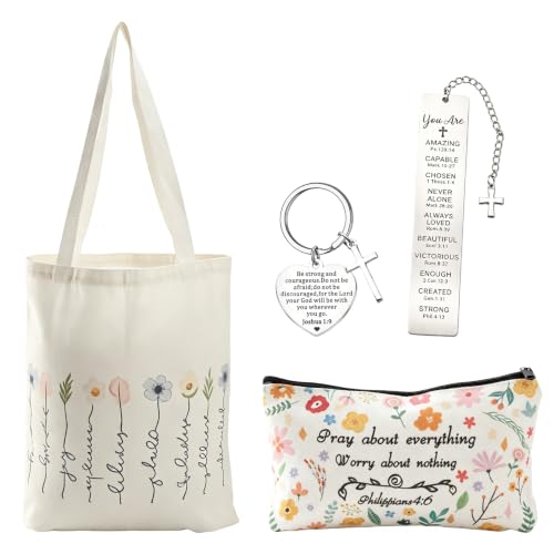 Baptism Gifts for Women - 4PCS Christian Gifts, Christian Cosmetic Bags, Flowers Bible Shoulder Bags, Bible Verse Keyring and Bookmark, Reusable Shopping Bag for Women,Religious Present for Communion
