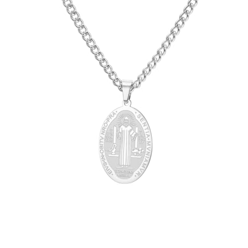 Amaxer Saint Benedict Of Nursia Necklace for Women Oval St. Benedict Medal Religious Protection Jewellery Catholic Pendant Necklace for Women Men Silver