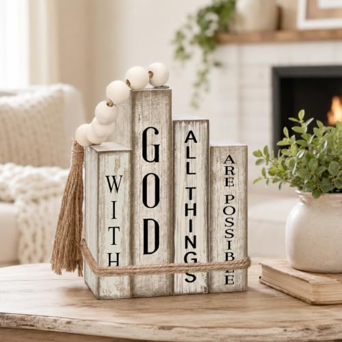 4Pcs Decorative Books Set, Christian Wooden Faux Book Stack for Coffee Table and Shelf Display, Religious Neutral Wood Ornaments for Living Room Home Decor, Blessing Housewarming Gifts (Khaki) Style 5