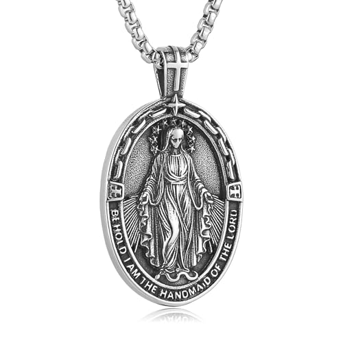 HZMAN Virgin Mary Necklace for Men Women Stainless Steel Vintage Medal Pendant Christian Faith Jewelry