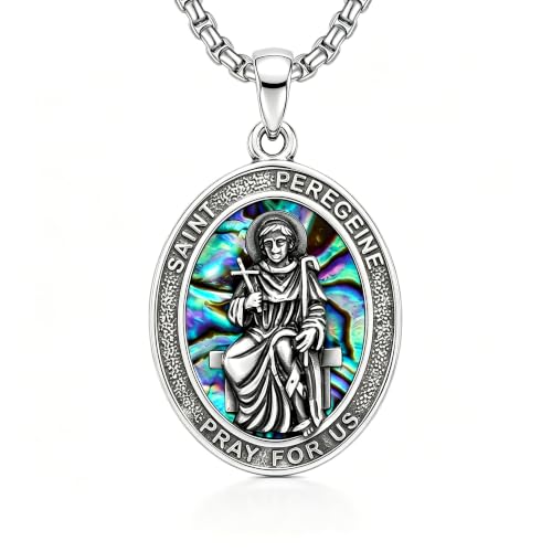 DAYLINLOVE Saint Peregrine Necklace 925 Sterling Silver Saint of Cancer Abalone Shell Pendant Necklace Christian Religious Catholic Jewellery Gift for Women Men