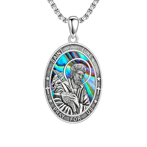 DAYLINLOVE Saint Luke Necklace 925 Sterling Silver St Luke Abalone Shell Pendant Necklace Christian Religious Catholic Jewellery Gift for Women Men