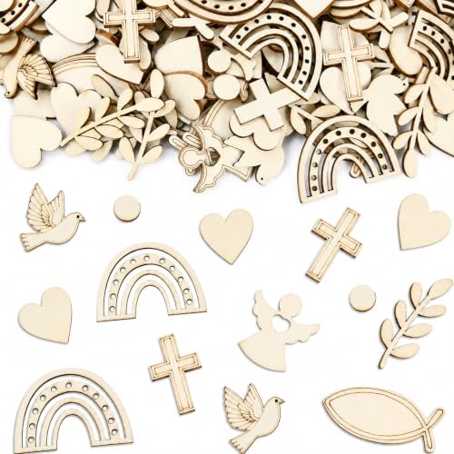 Bolosa Wooden Christening Confetti, 200 Piece Christening Table Confetti with Cross, Angel, Dove and Rainbow, Baptism Table Scatter, Baby Shower Decorations and Christening Party Decorations