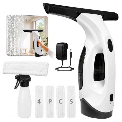 Electric Window Vacuum Cleaner Cordless, Glass Washer Vac 2000pa 150ml Water Tank, Windows Cleaning Equipment Tool Suitable for Mirrors Windows Glass (with 4 Cloths)