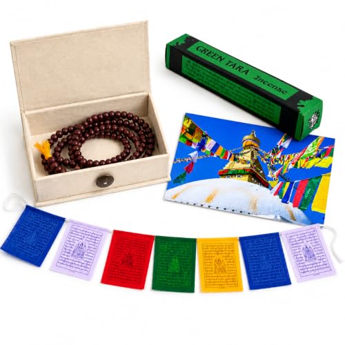 Buddha-Buddha Spiritual Buddhist Gift Set, 108 Prayer Mala Beads in Lokta Box, Green Tara Incense, Tibetan Prayer Flags, Meditation