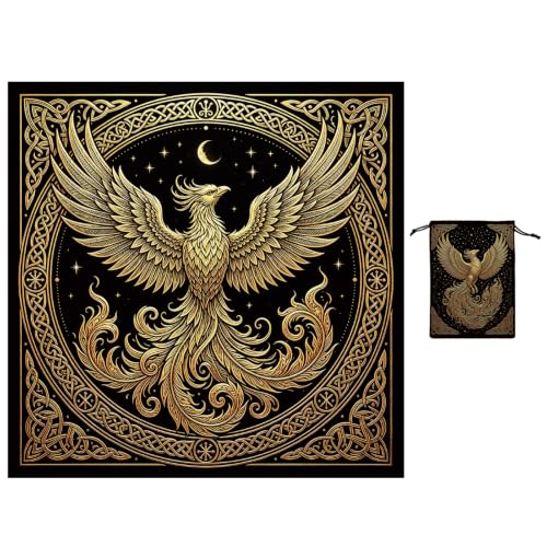 GLOBLELAND Golden Phoenix Tarot Tablecloth Velvet Magic Tarot Altar Table Cloth with Card Pouch Bag for Card Readings Wicca Spiritual Divination Witchcraft Decoration