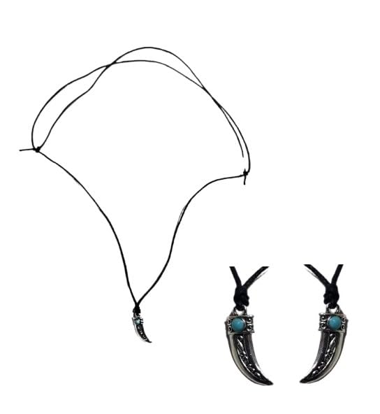 Adjustable Necklace 80-42 cm with Teeth with Stone Turquoise Imitation Wolf Teeth Lion Tiger Lion Leopard Jaguar Black Panther Felines 2 cm High Ethnic Tribal Made in Italy