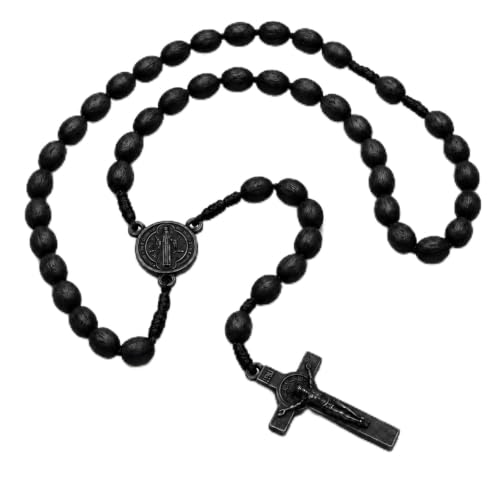 Catholic Rosary Beads Necklace, Natural Wooden Rosary with Medal Cross Jesus Christ Saint Benedict for Prayer Baptism Black