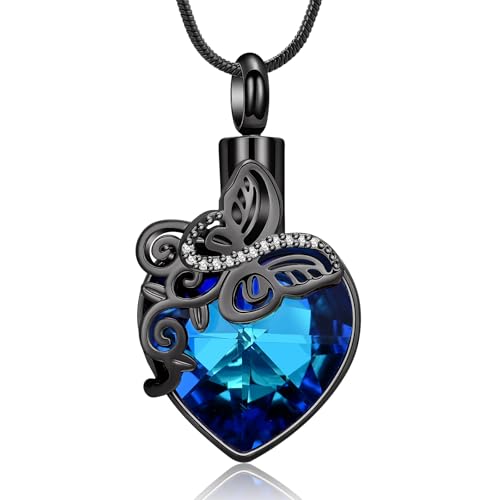 Butterfly Urn Necklaces for Ashes Heart Cremation Jewelry for Women Black-Blue