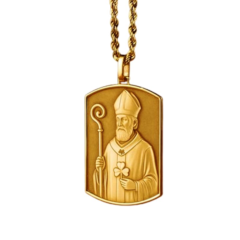 LKBEADS 925 Sterling Silver Saint Patrick 3D Pendant Necklace In Rectangle Shape With 18 Inch Cable Chain Gold Plated Charm Meaningful Jewelry |LKD_3DM_00131
