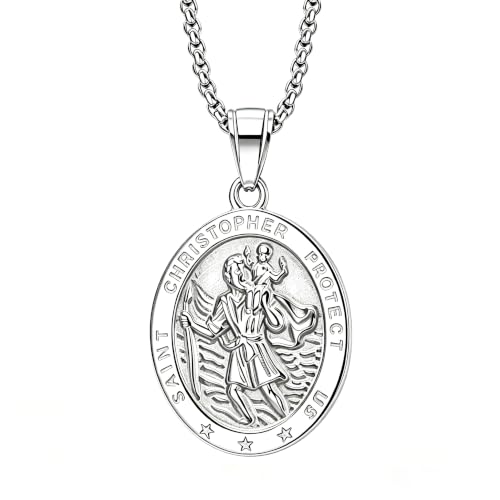 Mens Silver St Christopher Necklace with Adjustable Chain, Travel Amulet