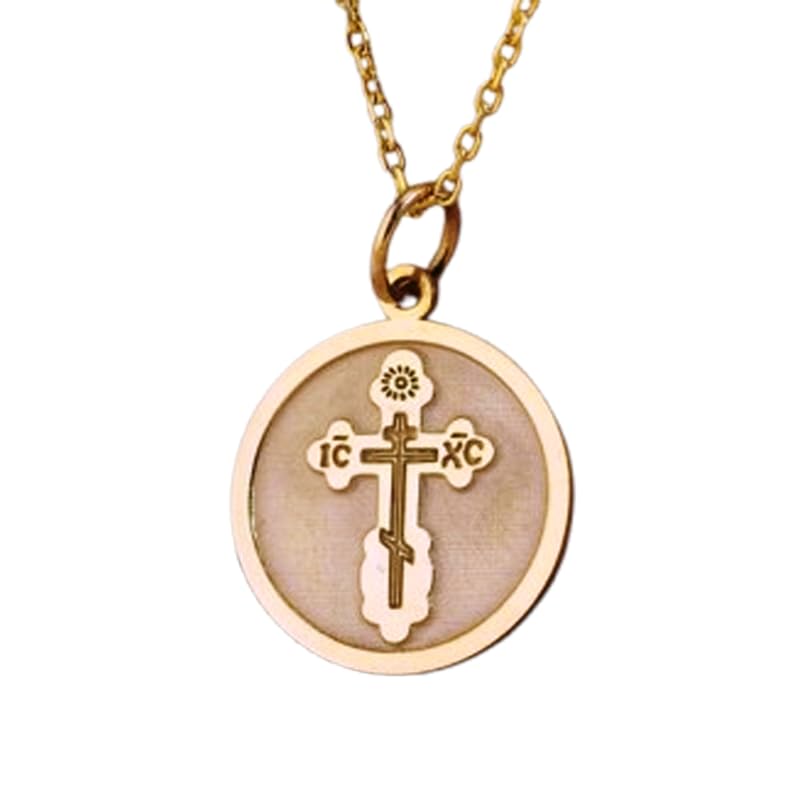 LKBEADS Saint Olga Cross Embossed Pendant Necklace Made in 925 Sterling Silver With Gold Plating 18" Cable Chain Round Shape Charm For Unisex Jewelry |LK_EMBO_00680