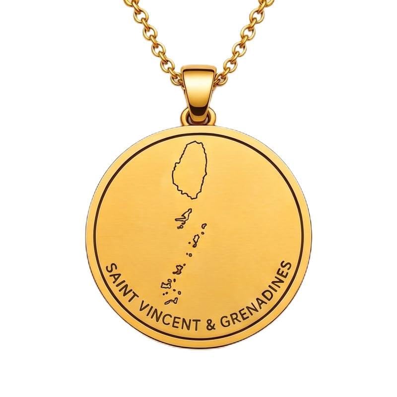 LKBEADS 925 Sterling Silver Saint Vincent & Grenadines Map Pendant Necklace for Women Men Gold Plated 30mm Round Engraved Outline with 18 Inch Cable Chain |LKN_MAP_01027