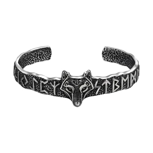 Cupimatch Viking Wolf Head Rune Bracelet Stainless Steel Cast Pattern