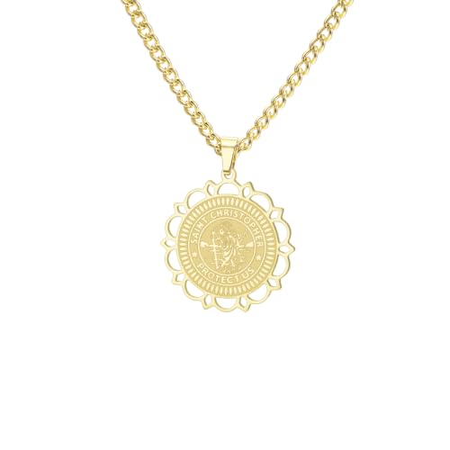 UNIFT Saint Christopher Medal Necklace for Women Men Stainless Steel Hollow Floral Border St Christopher Protect Us Pendant Driver Traveler Hikers Protection Amulet gold