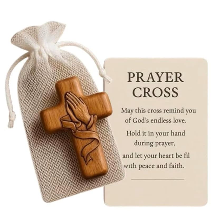 N792 Prayer Cross Gift – 6cm Wooden Comfort Cross with Engraved Praying Hands & Blessing Card | Christian Pocket Cross for Faith, Encouragement & Healing | Religious Gift for Men & Women