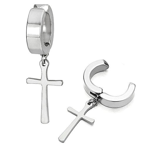 Men’s Stainless Steel Silver-Tone Cross Clip-On Earrings, Non-Piercing