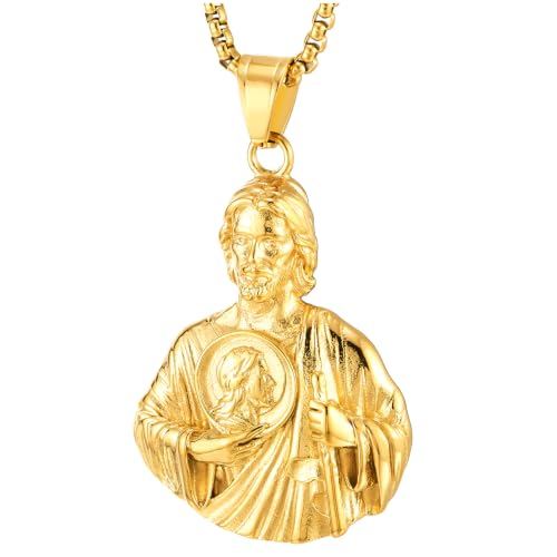 Gold-Tone Jesus Pendant Necklace for Men, Stainless Steel Religious Medal