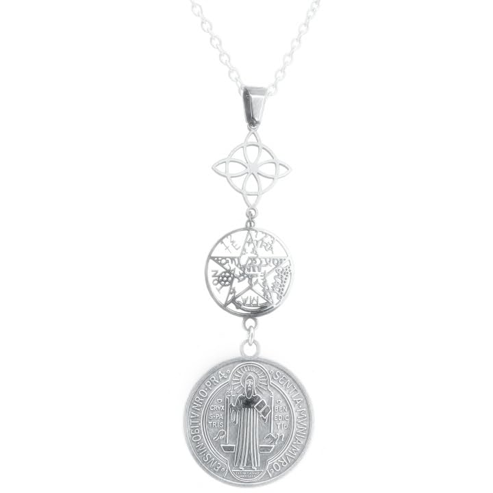 Stainless Steel Necklace Handcrafted Design Witch Knot Tetragramaton St. Benedict Triple Protection