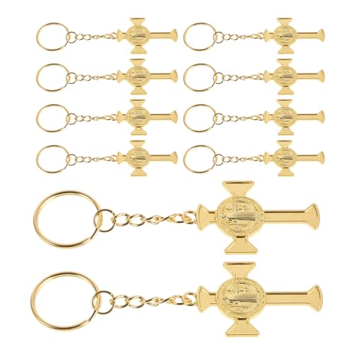 CLISPEED 10pcs Saint Benedict Medal Cross Keychain Golden Zinc Alloy