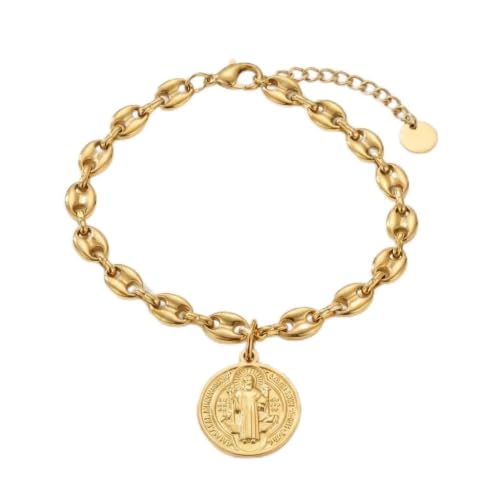 MAJALE Amulet Bracelet with St Benedict Medal in Gold Stainless Steel – Spiritual Protection – Water Resistant Chain Balls or Pumpkins – Religious Medal Calabrote_ S. Benito