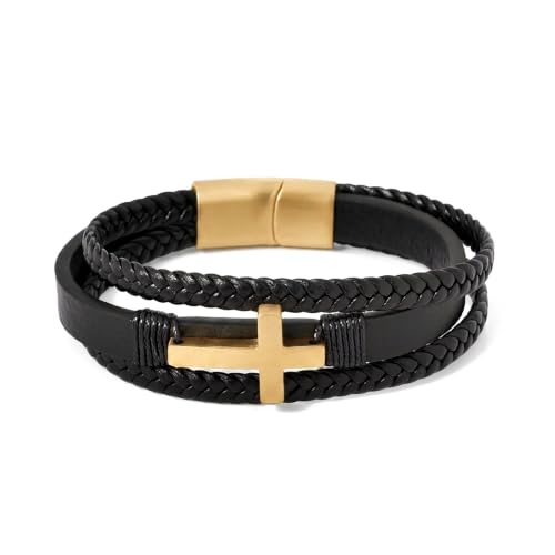 Men's Bracelets, 21cm Multi-Layer Braided PU Leather Bracelet Mann Cross - Gold