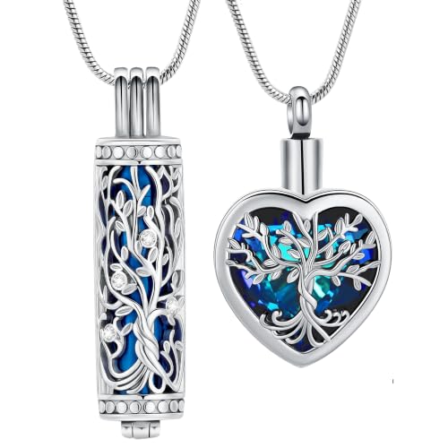 Tree of life Urn Necklace for Ashes for Women Men Heart &Cylinder 2pcs